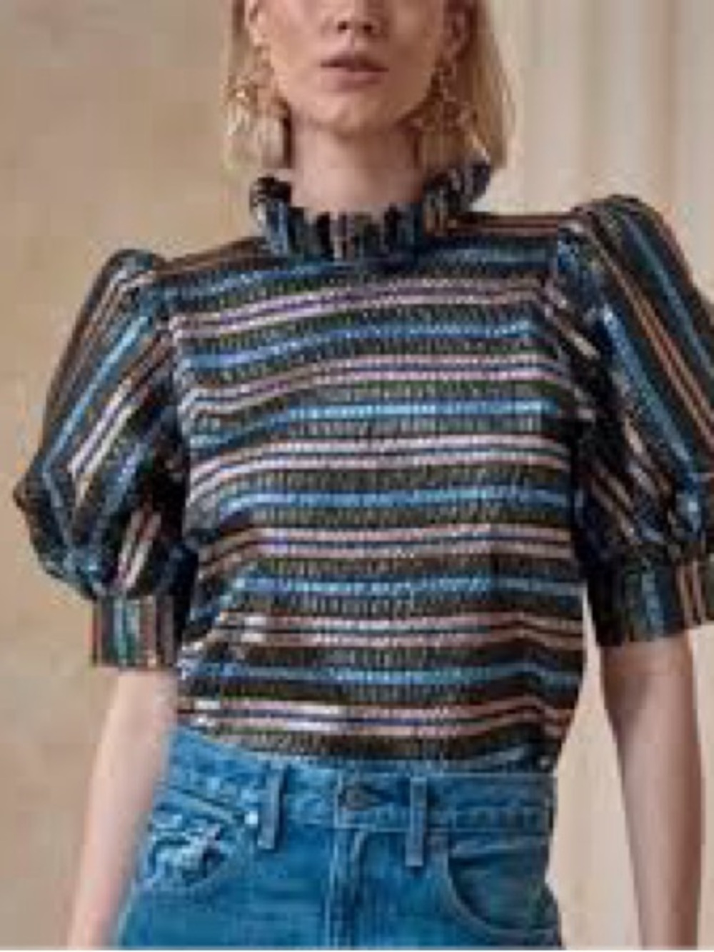 Hunter Bell Stella Metallic Festive Stripe Puff Sleeve Top M MSRP $375